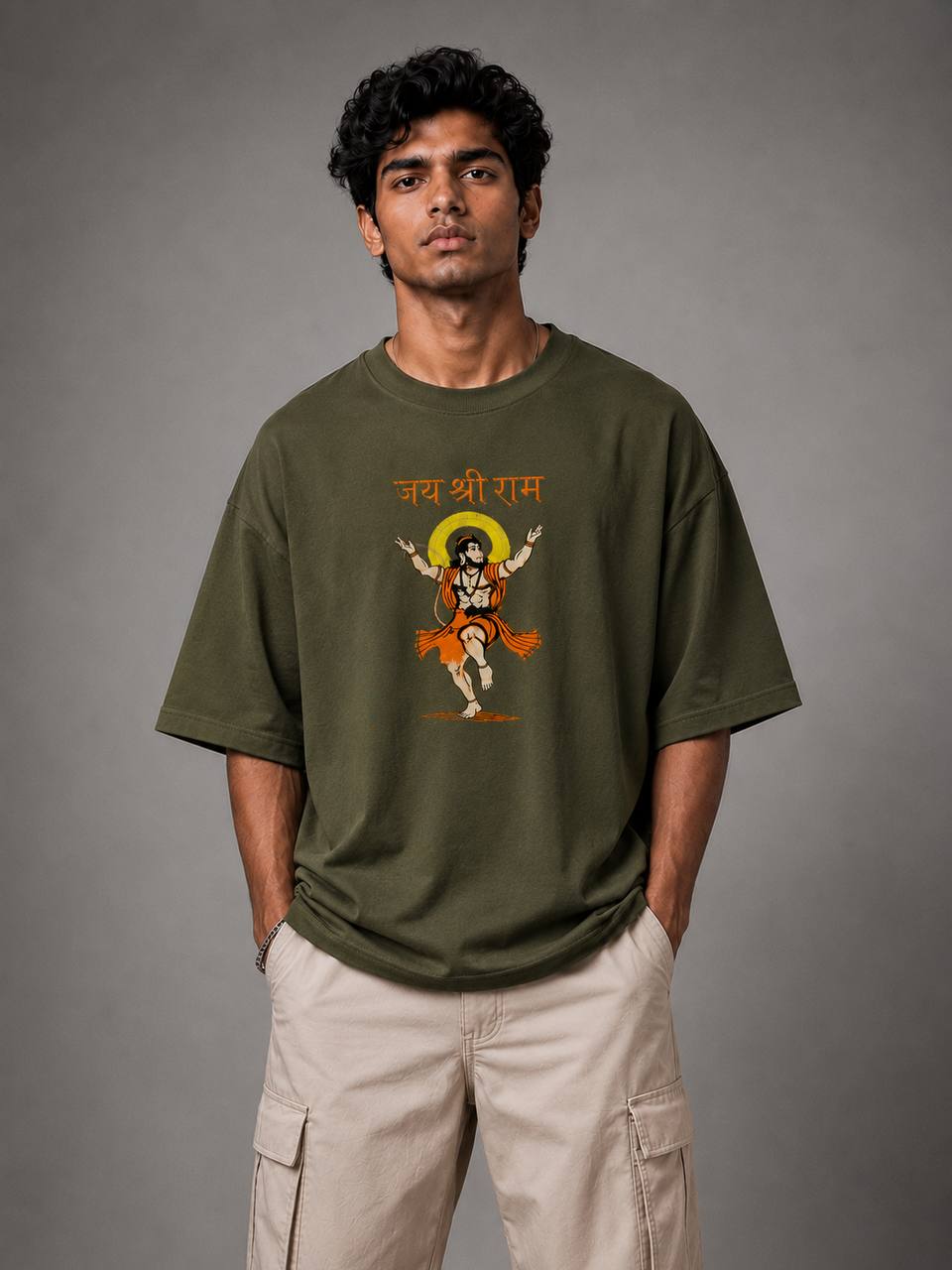 Zellee Premium Oversized Brown Embroidered T-Shirt | Jai Shree Ram Lord Hanuman Design | Streetwear Cotton Tee for Men