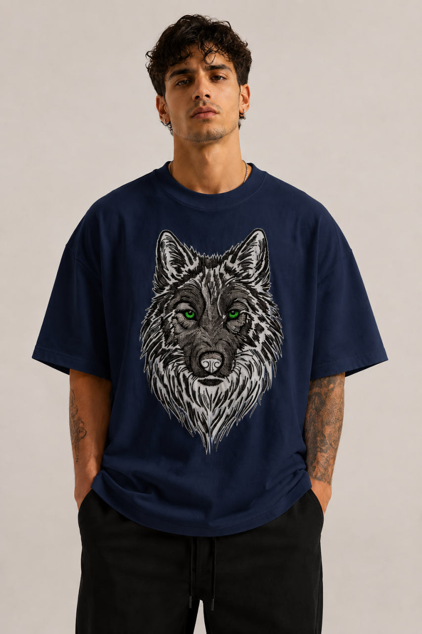 Zellee Premium Green-Eyed Wolf Embroidered Oversized White T-Shirt