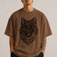 Zellee Premium Green-Eyed Wolf Embroidered Oversized Brown T-Shirt