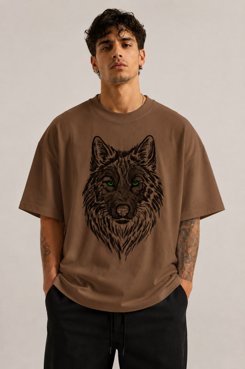 Zellee Premium Green-Eyed Wolf Embroidered Oversized Brown T-Shirt