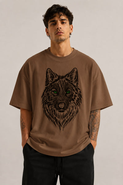Zellee Premium Green-Eyed Wolf Embroidered Oversized Brown T-Shirt