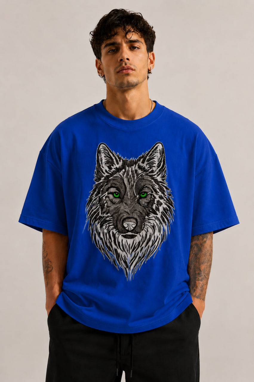 Zellee Premium Green-Eyed Wolf Embroidered Oversized White T-Shirt
