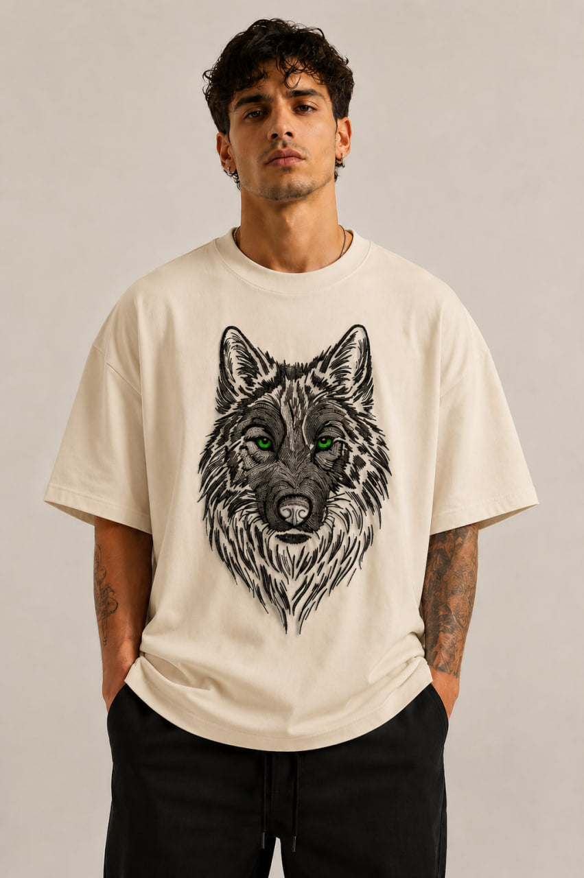 Zellee Premium Green-Eyed Wolf Embroidered Oversized Brown T-Shirt