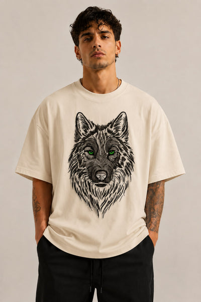 Zellee Premium Green-Eyed Wolf Embroidered Oversized Brown T-Shirt