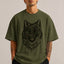 Zellee Premium Green-Eyed Wolf Embroidered Oversized Brown T-Shirt