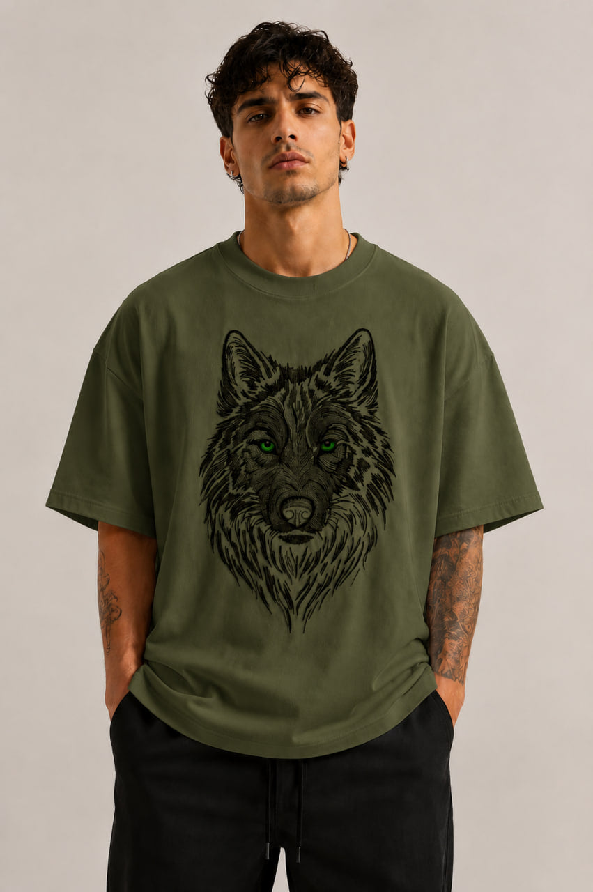 Zellee Premium Green-Eyed Wolf Embroidered Oversized Brown T-Shirt