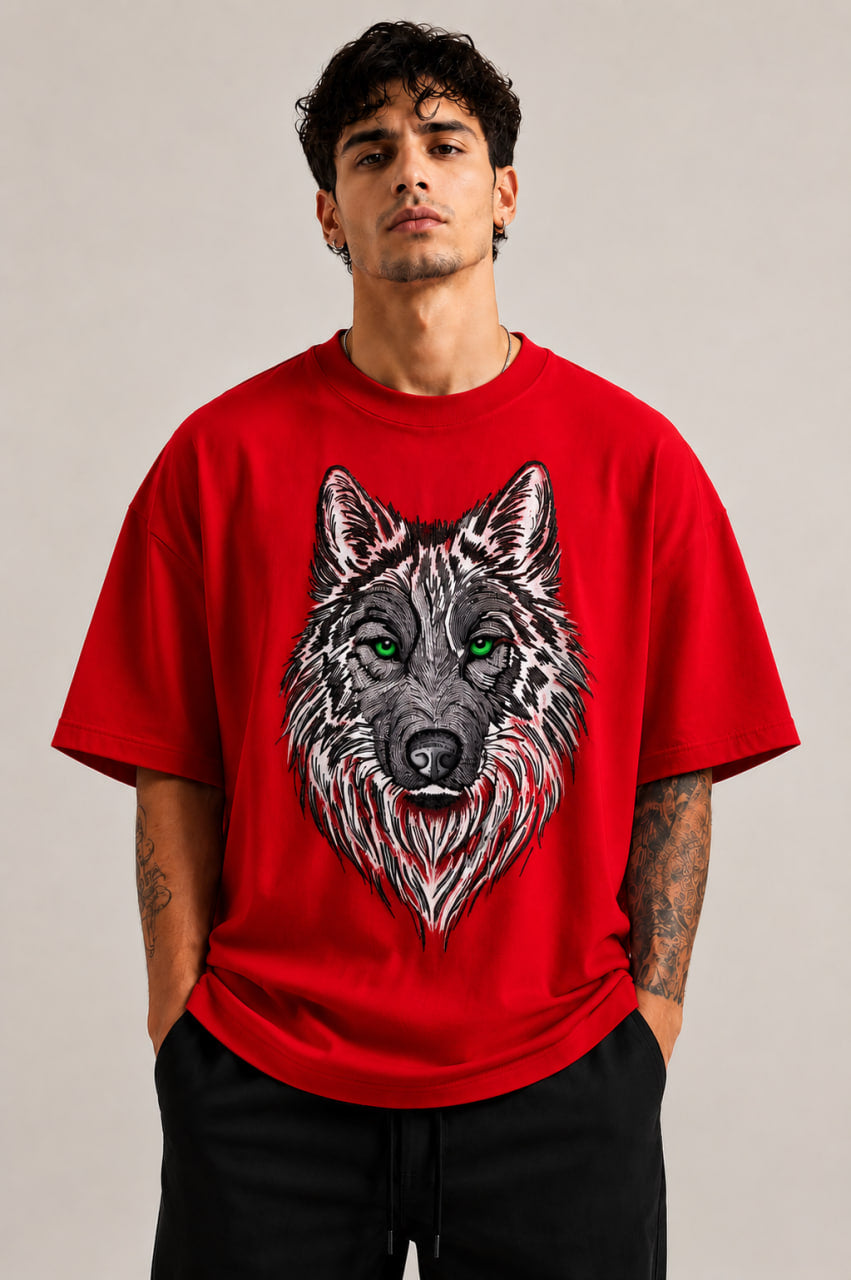Zellee Premium Green-Eyed Wolf Embroidered Oversized Brown T-Shirt