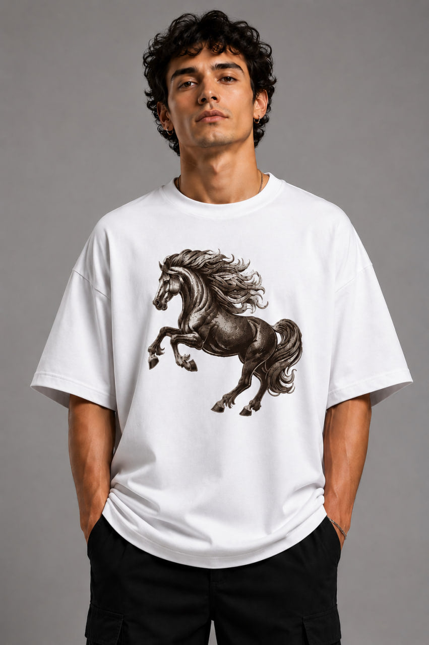 Zellee Premium Oversized Whie T-Shirt for Men | Golden Horse Embroidery Design | Heavyweight Cotton Streetwear