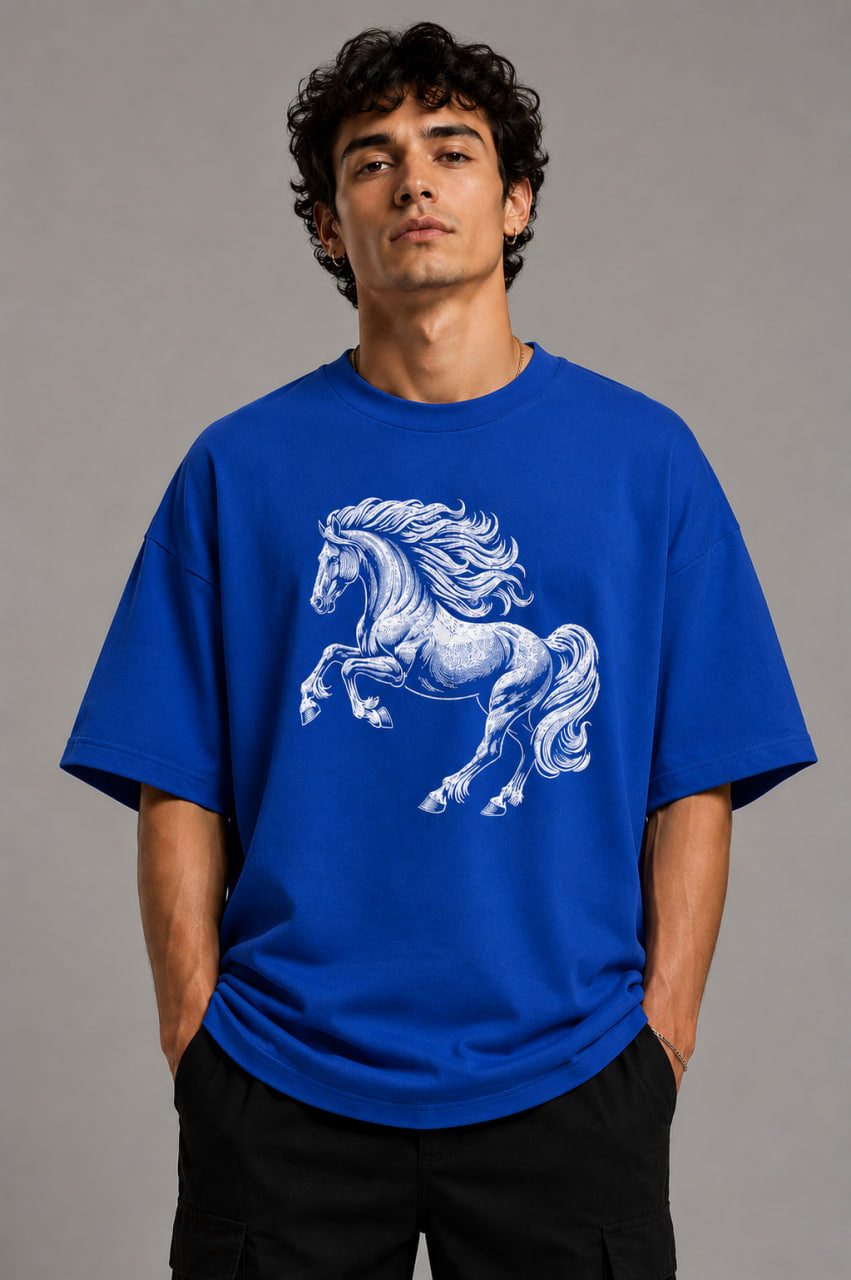 Zellee Premium Oversized Black T-Shirt for Men | Golden Horse Embroidery Design | Heavyweight Cotton Streetwear