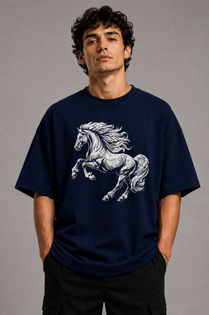 Zellee Premium Oversized Black T-Shirt for Men | Golden Horse Embroidery Design | Heavyweight Cotton Streetwear