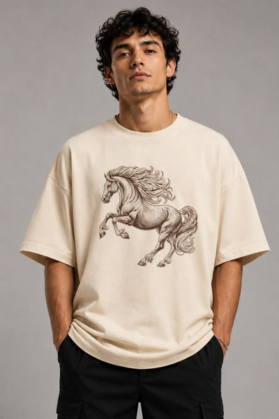 Zellee Premium Oversized Black T-Shirt for Men | Golden Horse Embroidery Design | Heavyweight Cotton Streetwear