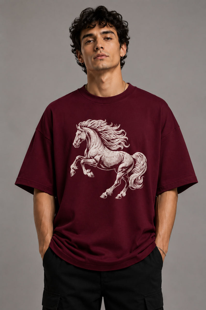 Zellee Premium Oversized Black T-Shirt for Men | Golden Horse Embroidery Design | Heavyweight Cotton Streetwear