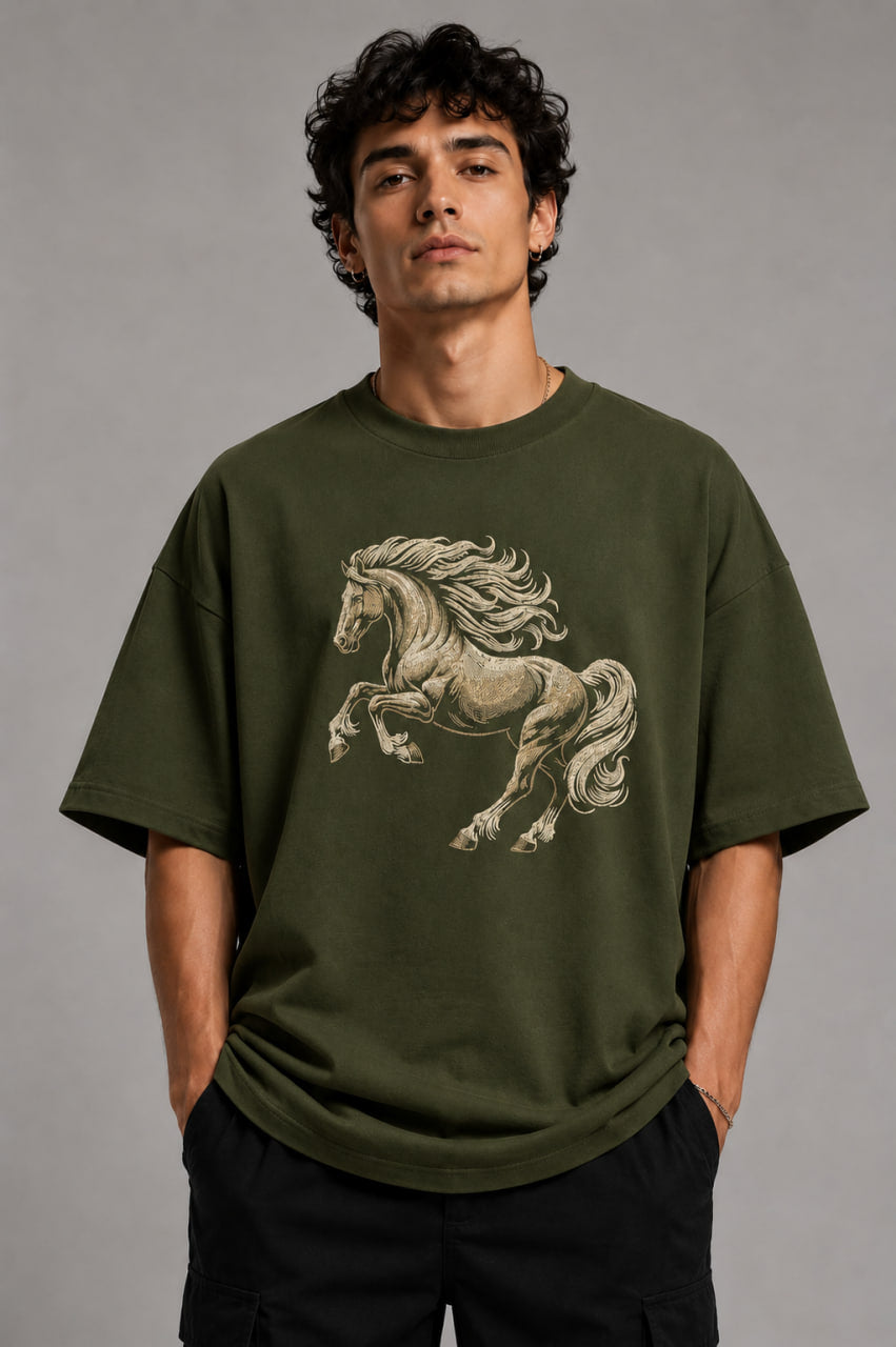 Zellee Premium Oversized Whie T-Shirt for Men | Golden Horse Embroidery Design | Heavyweight Cotton Streetwear