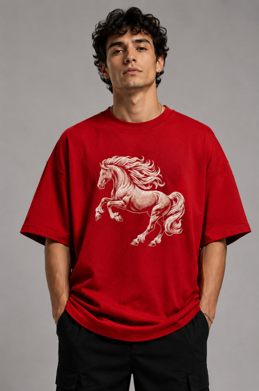 Zellee Premium Oversized Whie T-Shirt for Men | Golden Horse Embroidery Design | Heavyweight Cotton Streetwear
