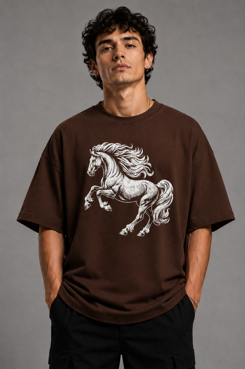 Zellee Premium Oversized Whie T-Shirt for Men | Golden Horse Embroidery Design | Heavyweight Cotton Streetwear