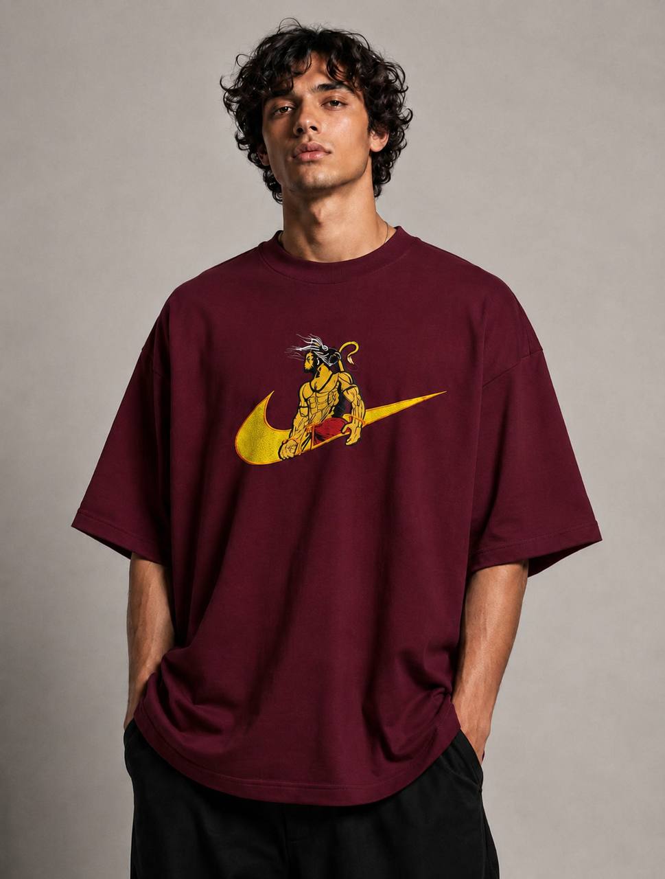 Zellee Premium Maroon Oversized T-Shirt | Bajrangi Hanuman Embroidery Design | Heavyweight Cotton Streetwear