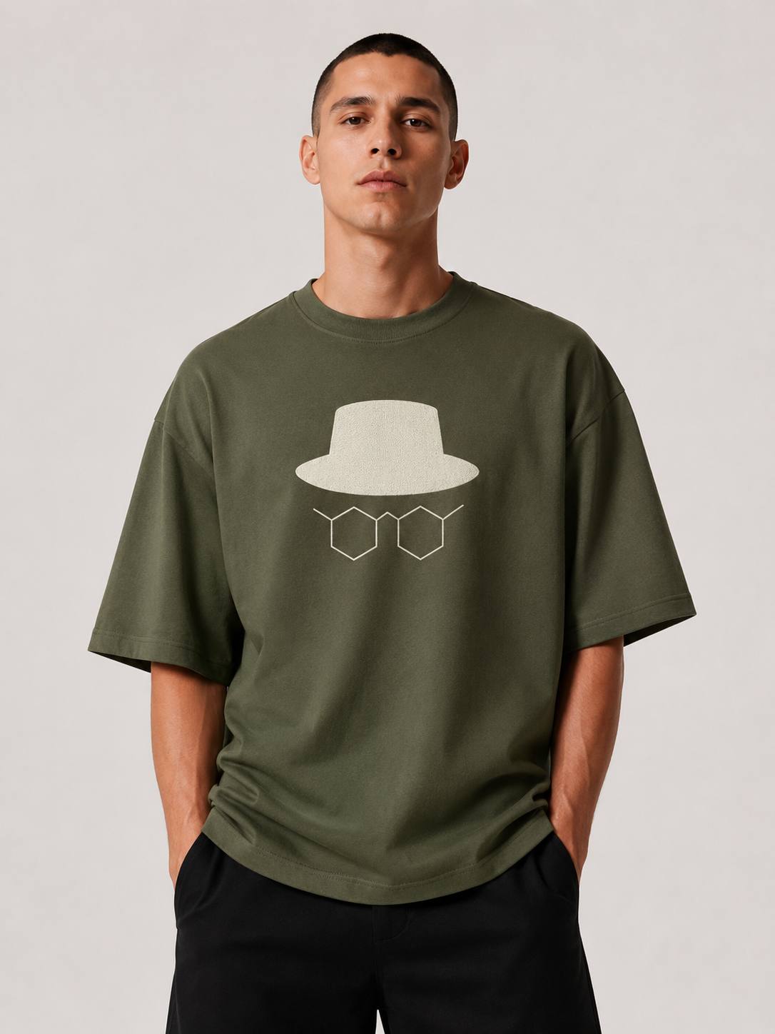 Zellee Minimalist Heisenberg Embroidered Oversized T-Shirt - Olive Green