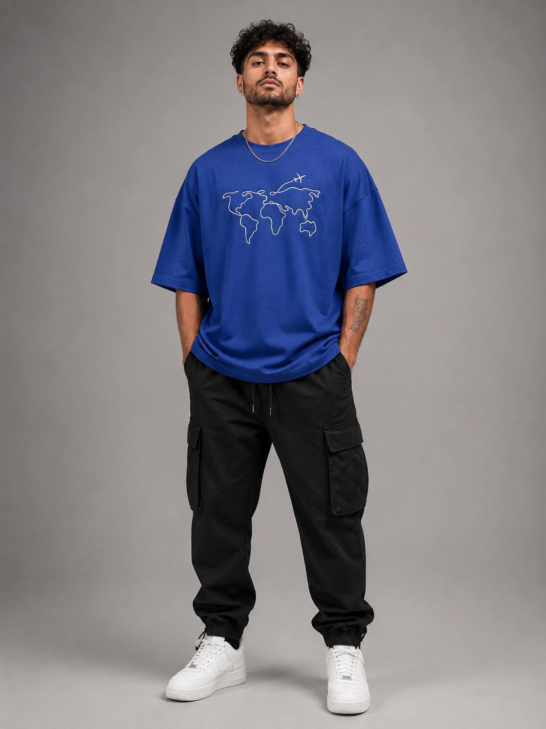 Zellee Men's Oversized T-Shirt with Embroidered World Map