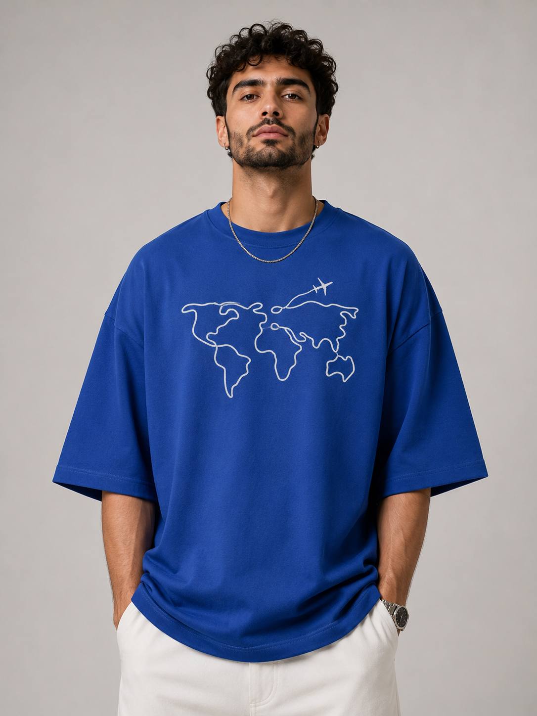 Zellee Men's Oversized T-Shirt with Embroidered World Map