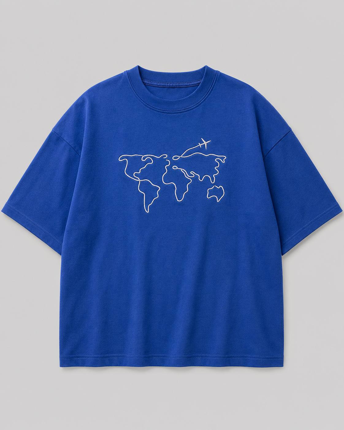 Zellee Men's Oversized T-Shirt with Embroidered World Map