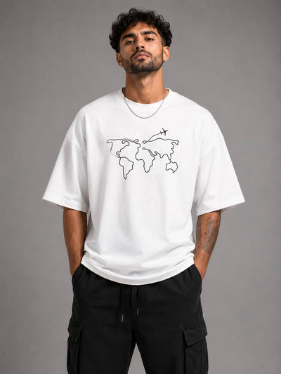 Zellee Men's White Oversized T-Shirt with Embroidered World Map