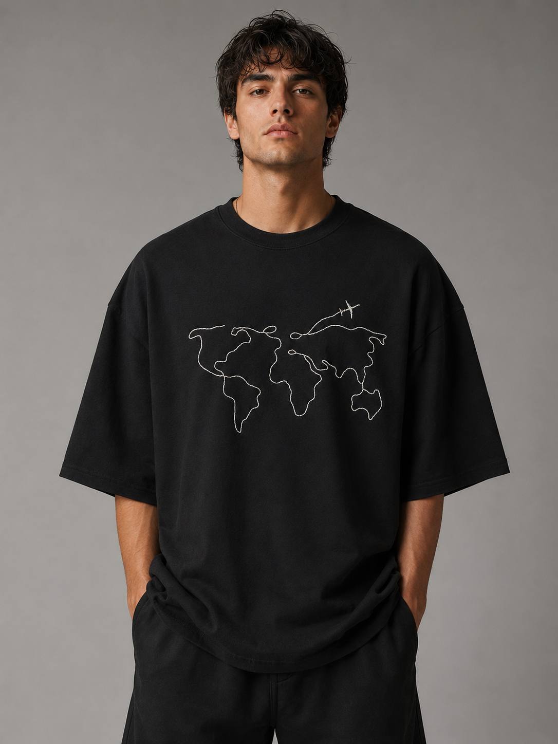 Zellee Men's White Oversized T-Shirt with Embroidered World Map
