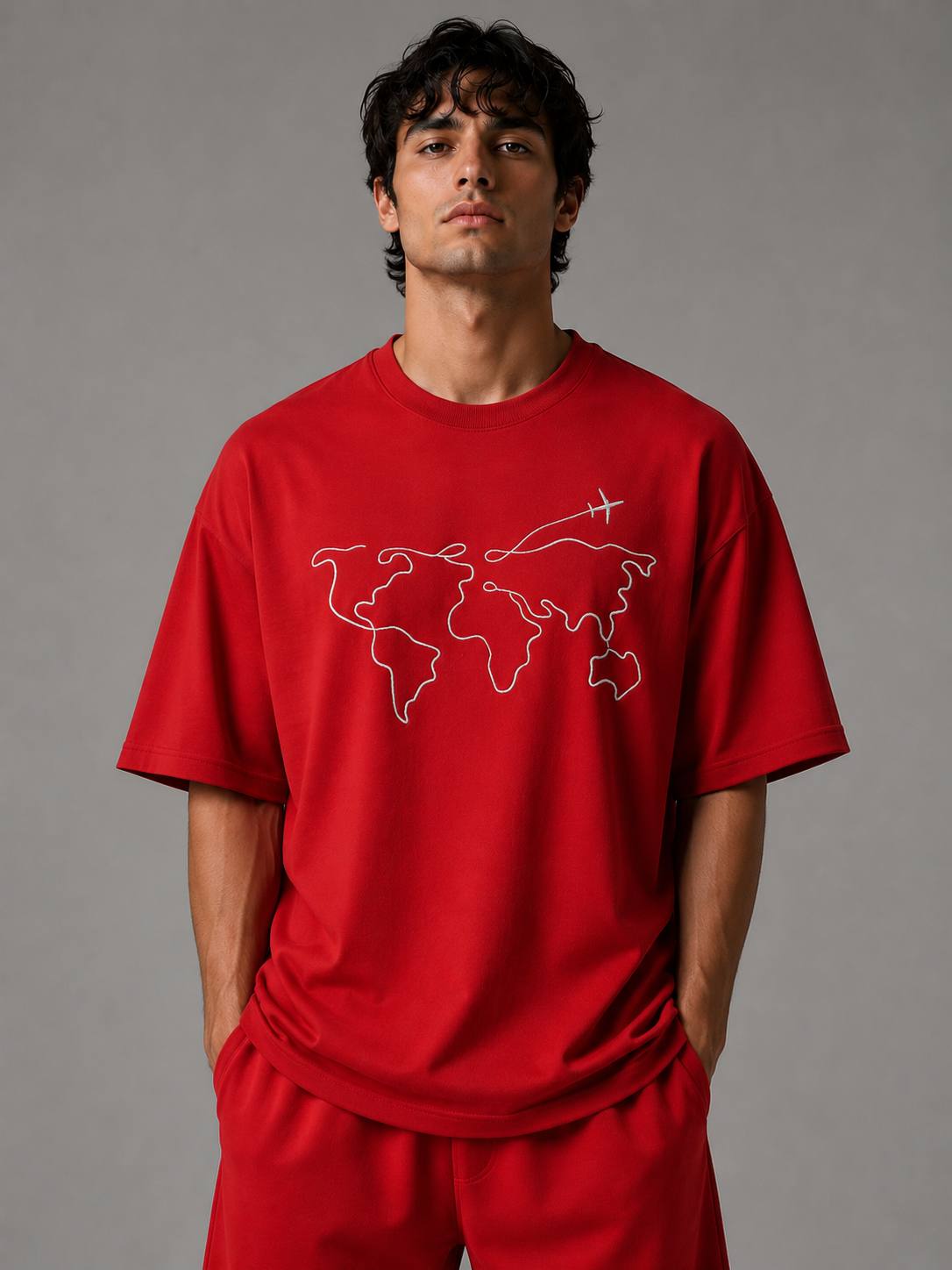 Zellee Men's White Oversized T-Shirt with Embroidered World Map