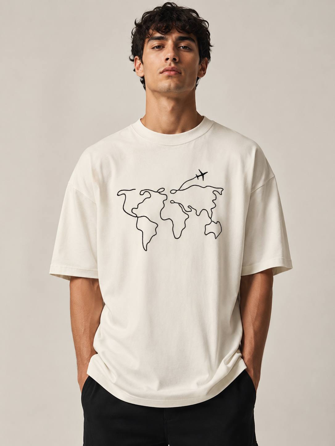 Zellee Men's White Oversized T-Shirt with Embroidered World Map