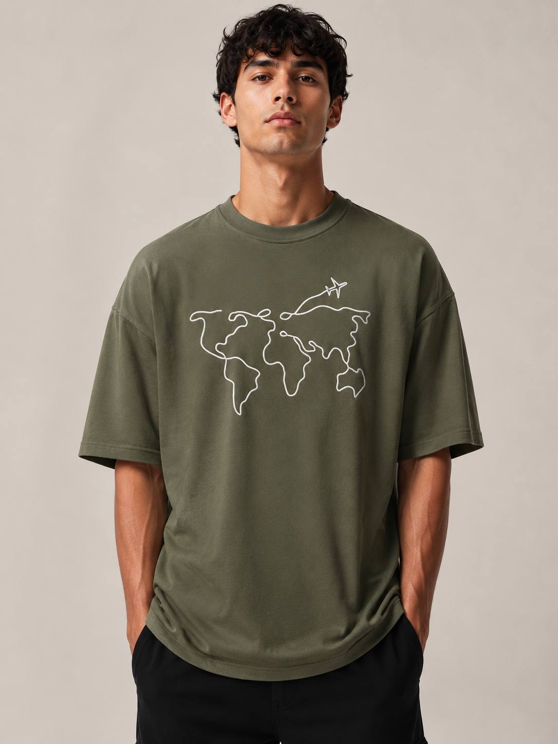 Zellee Men's Oversized T-Shirt with Embroidered World Map