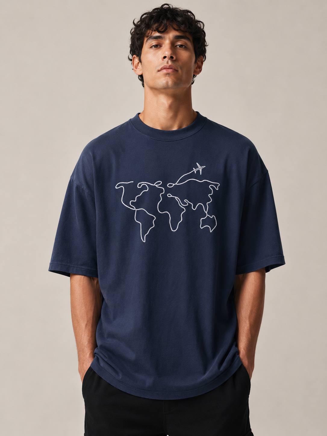 Zellee Men's Oversized T-Shirt with Embroidered World Map