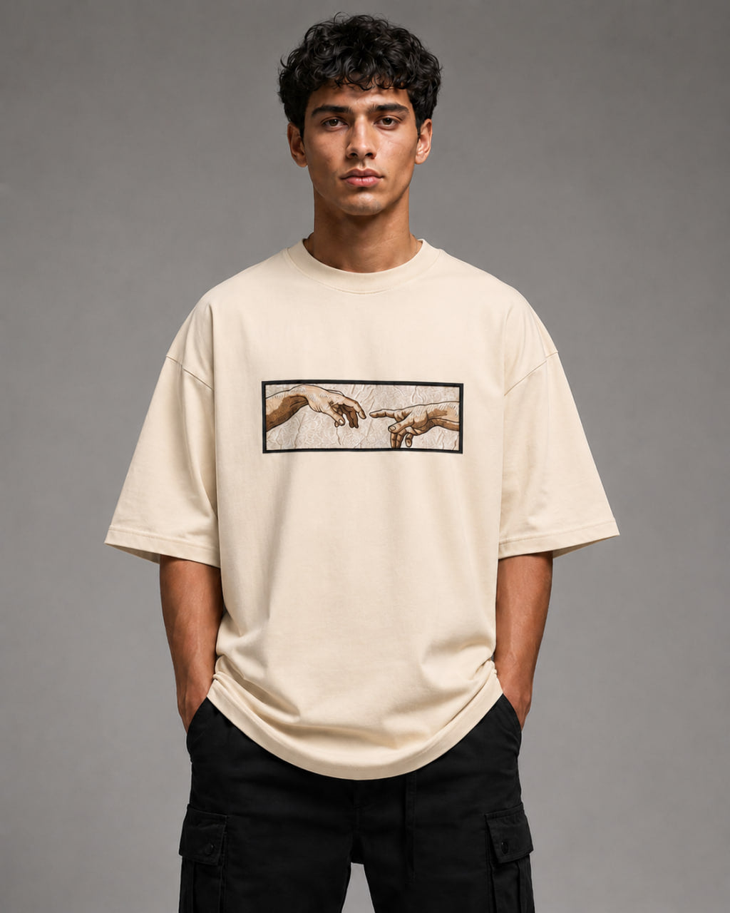 Zellee The Creation of Adam Embroidered Oversized T-Shirt - White
