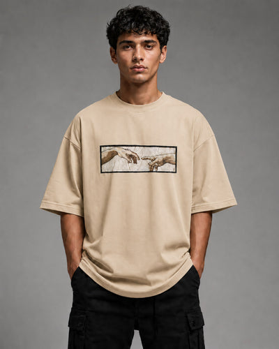 Zellee The Creation of Adam Embroidered Oversized T-Shirt - Blue