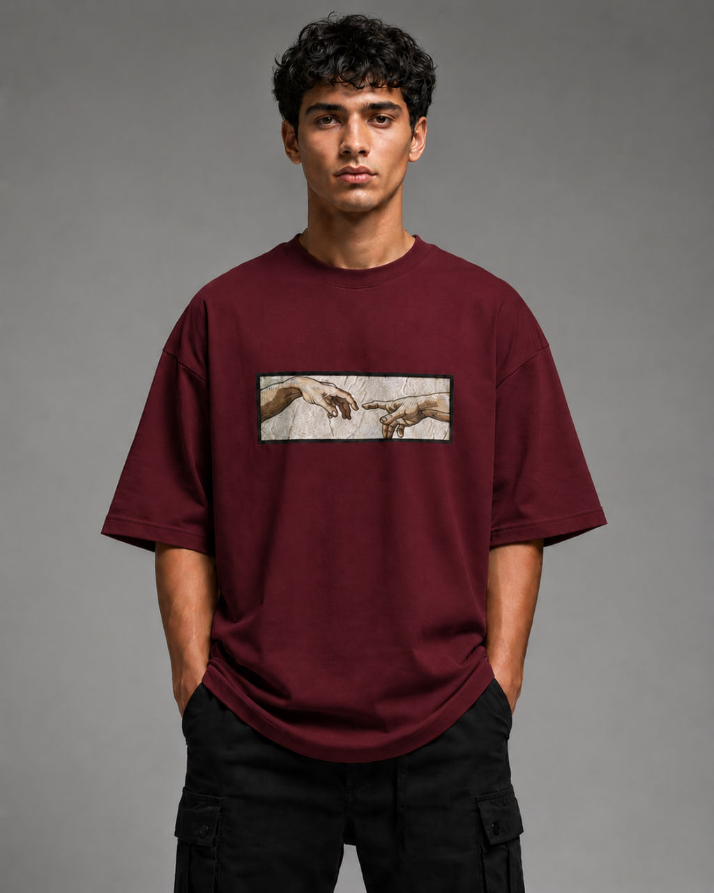 Zellee The Creation of Adam Embroidered Oversized T-Shirt - Blue