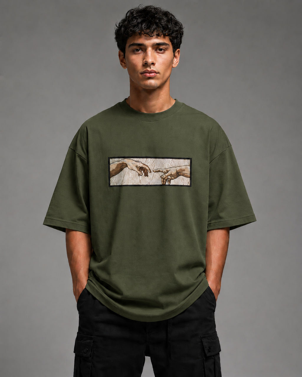 Zellee The Creation of Adam Embroidered Oversized T-Shirt - Blue