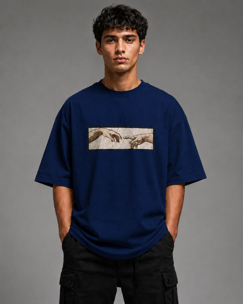 Zellee The Creation of Adam Embroidered Oversized T-Shirt - Blue
