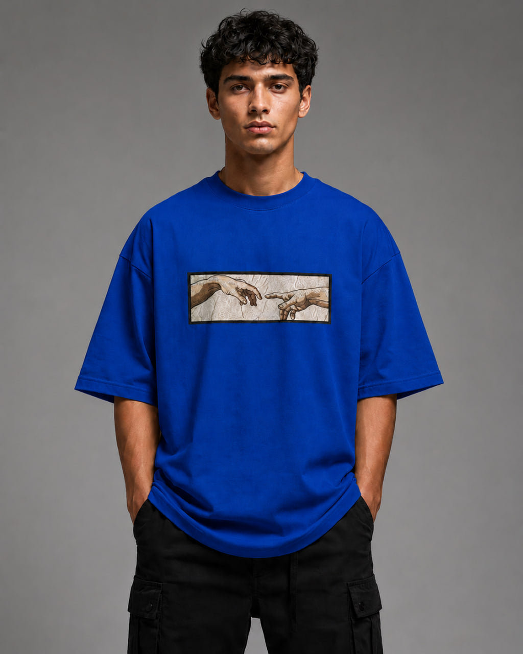 Zellee The Creation of Adam Embroidered Oversized T-Shirt - Blue