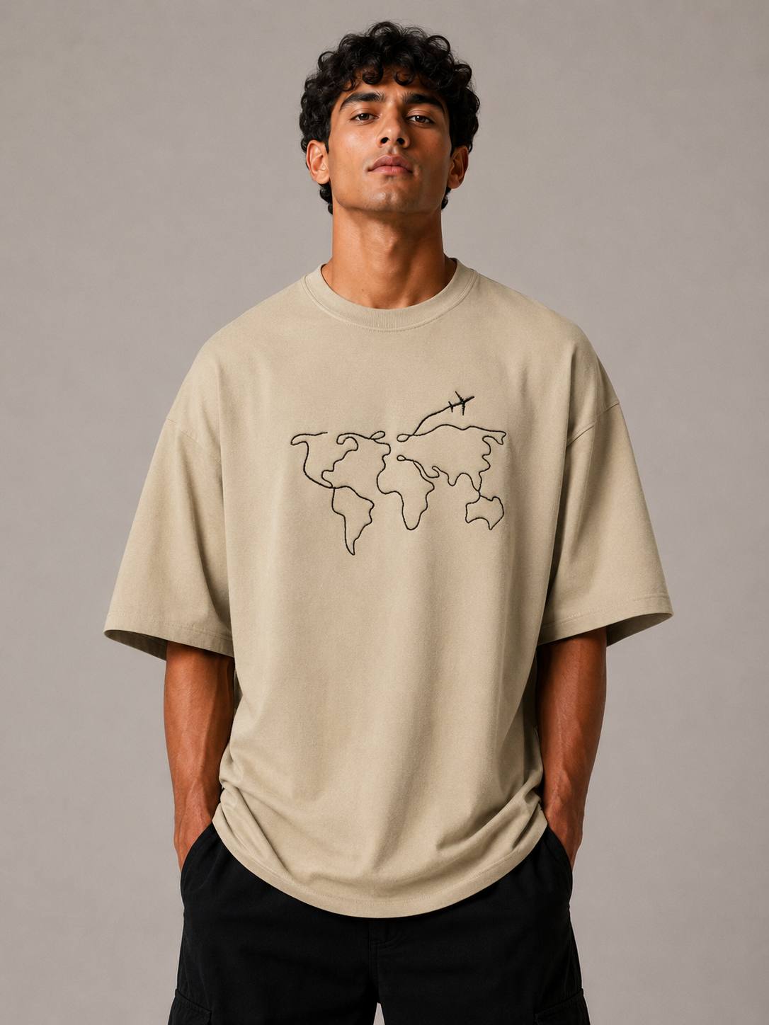 Zellee Men's Oversized T-Shirt with Embroidered World Map