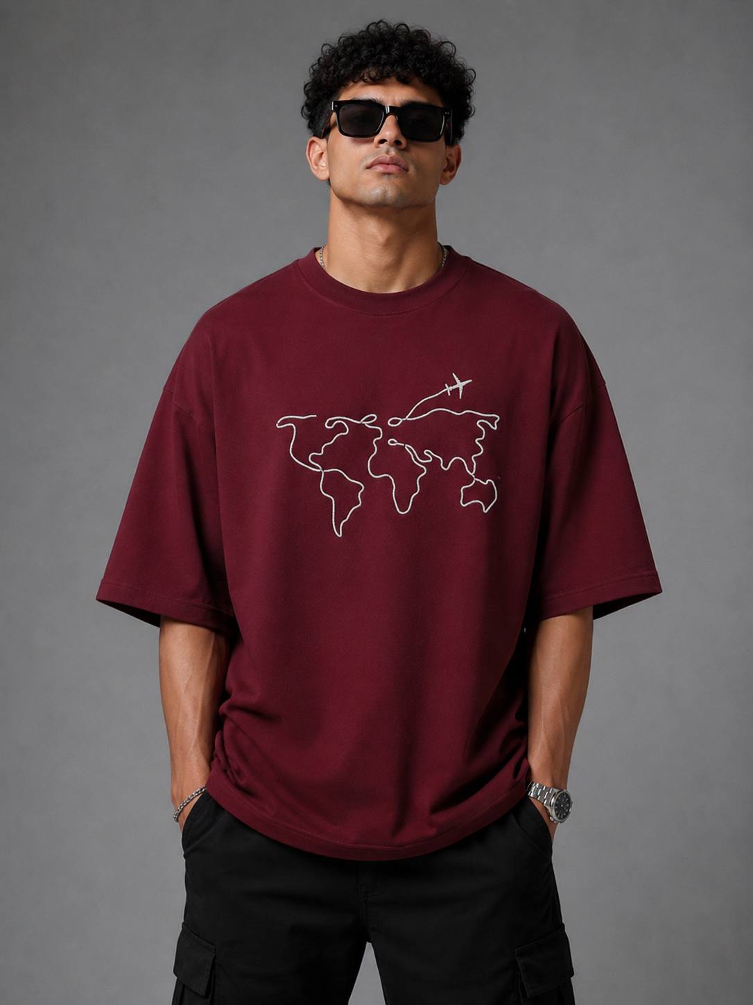 Zellee Men's Oversized T-Shirt with Embroidered World Map