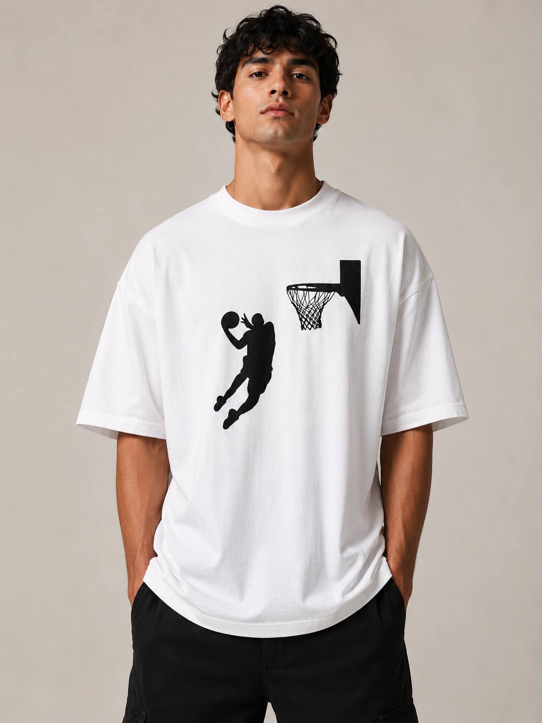 Zellee Men's Oversized Beige Tee with Embroidered Basketball