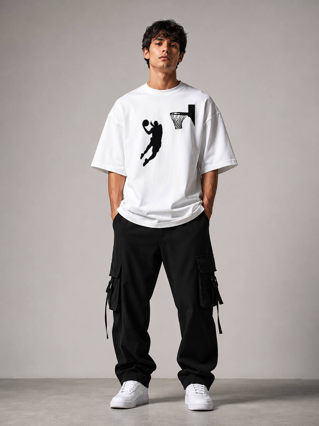 Zellee Men's Oversized Beige Tee with Embroidered Basketball