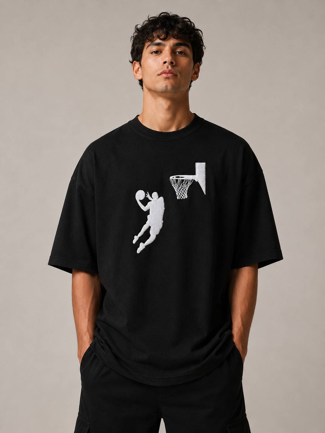 Zellee Men's Oversized White Tee with Embroidered Basketball
