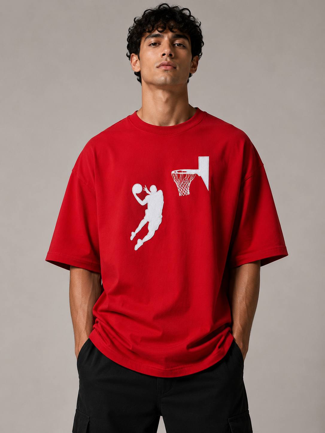 Zellee Men's Oversized White Tee with Embroidered Basketball