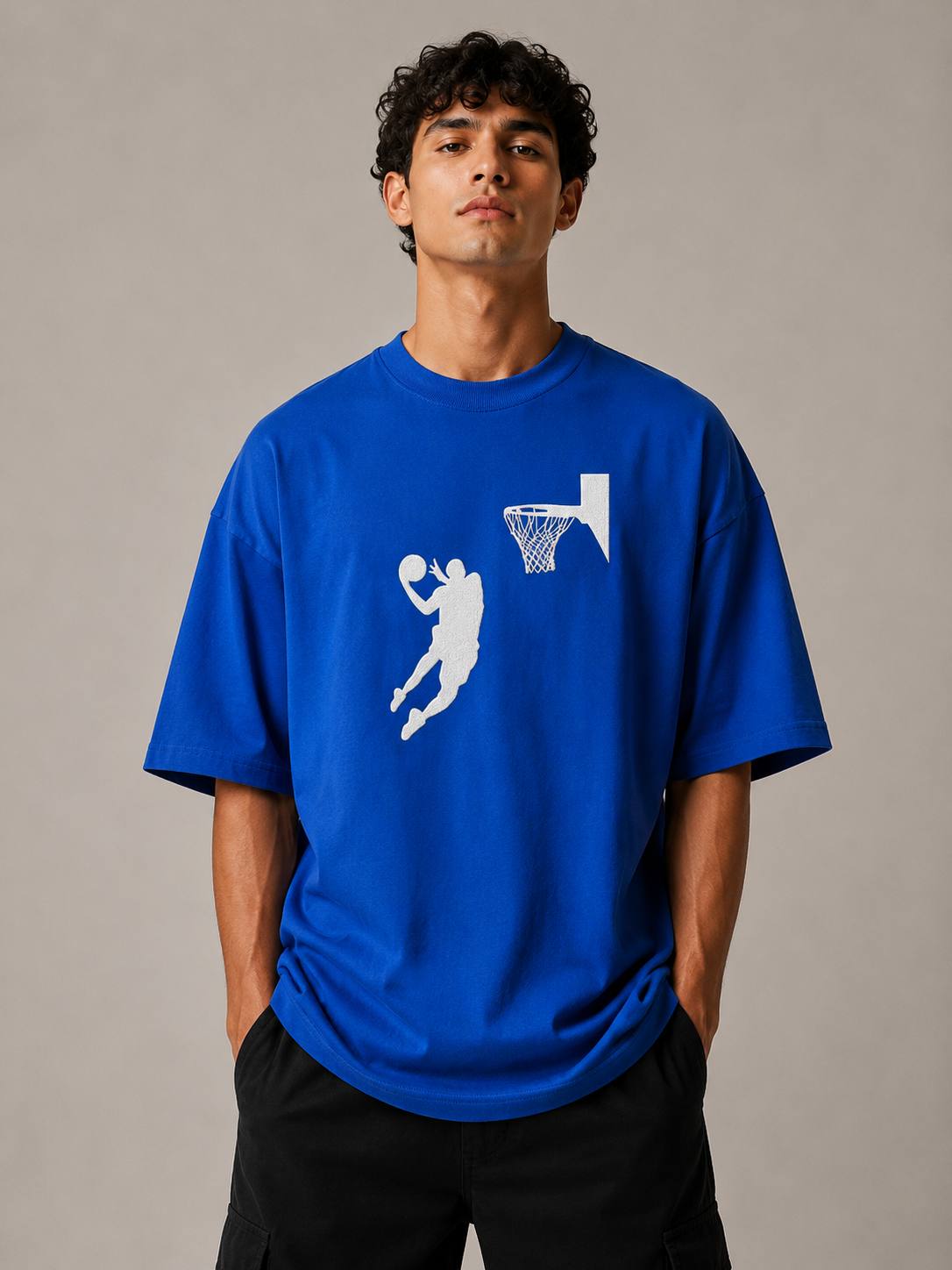 Zellee Men's Oversized Beige Tee with Embroidered Basketball