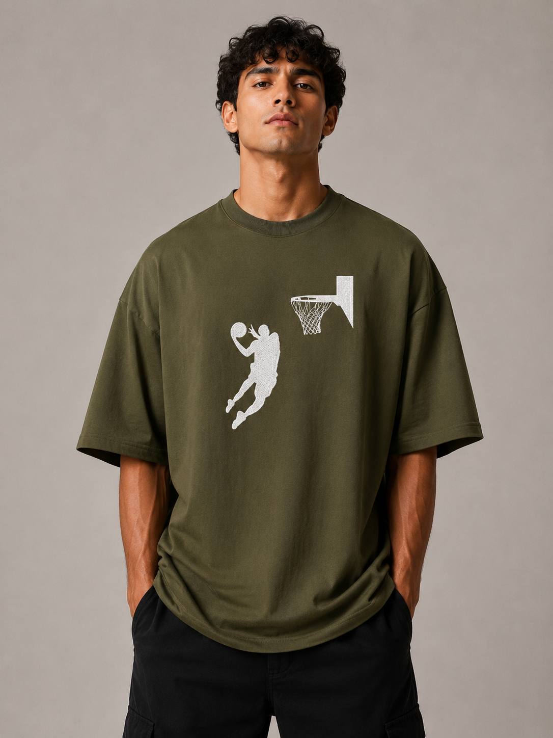 Zellee Men's Oversized White Tee with Embroidered Basketball