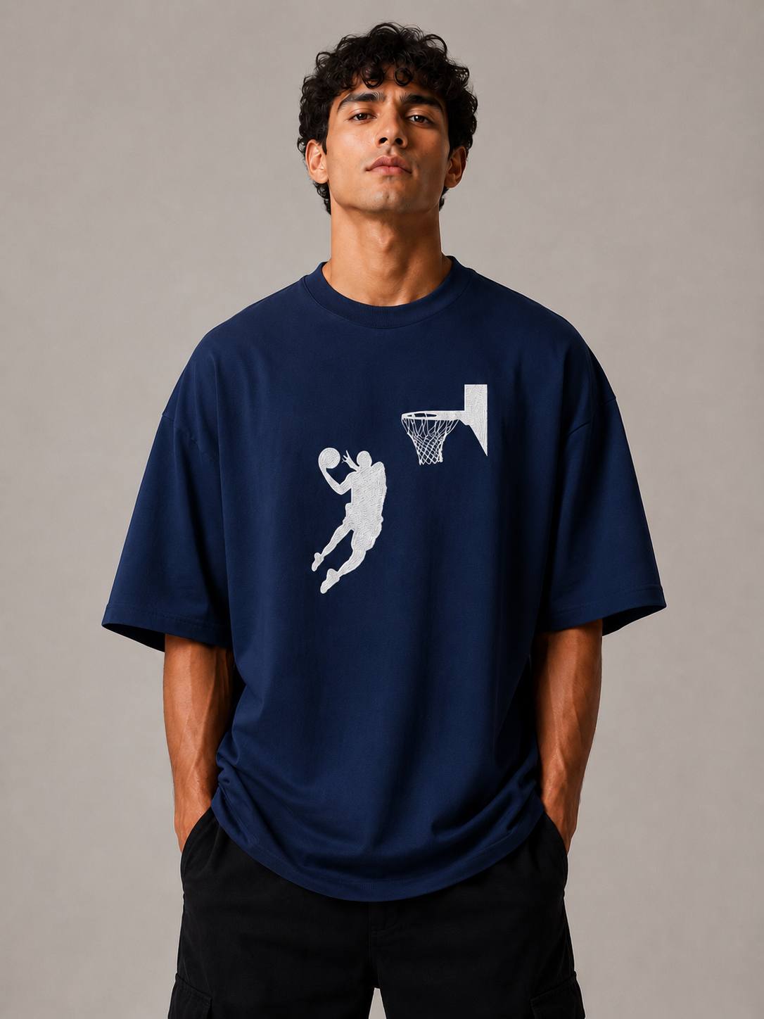Zellee Men's Oversized Beige Tee with Embroidered Basketball