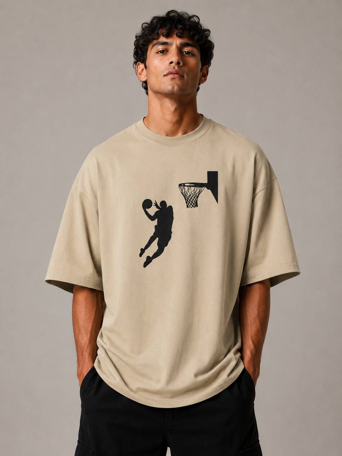 Zellee Men's Oversized Beige Tee with Embroidered Basketball