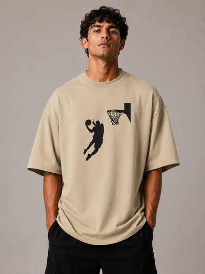 Zellee Men's Oversized Beige Tee with Embroidered Basketball