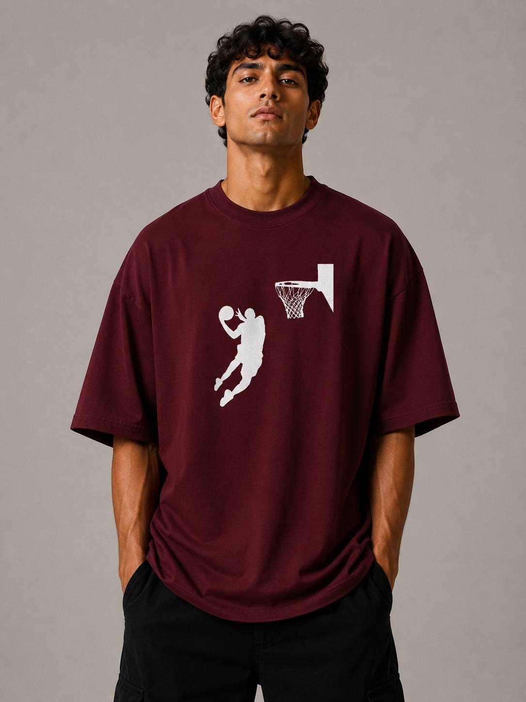 Zellee Men's Oversized Beige Tee with Embroidered Basketball