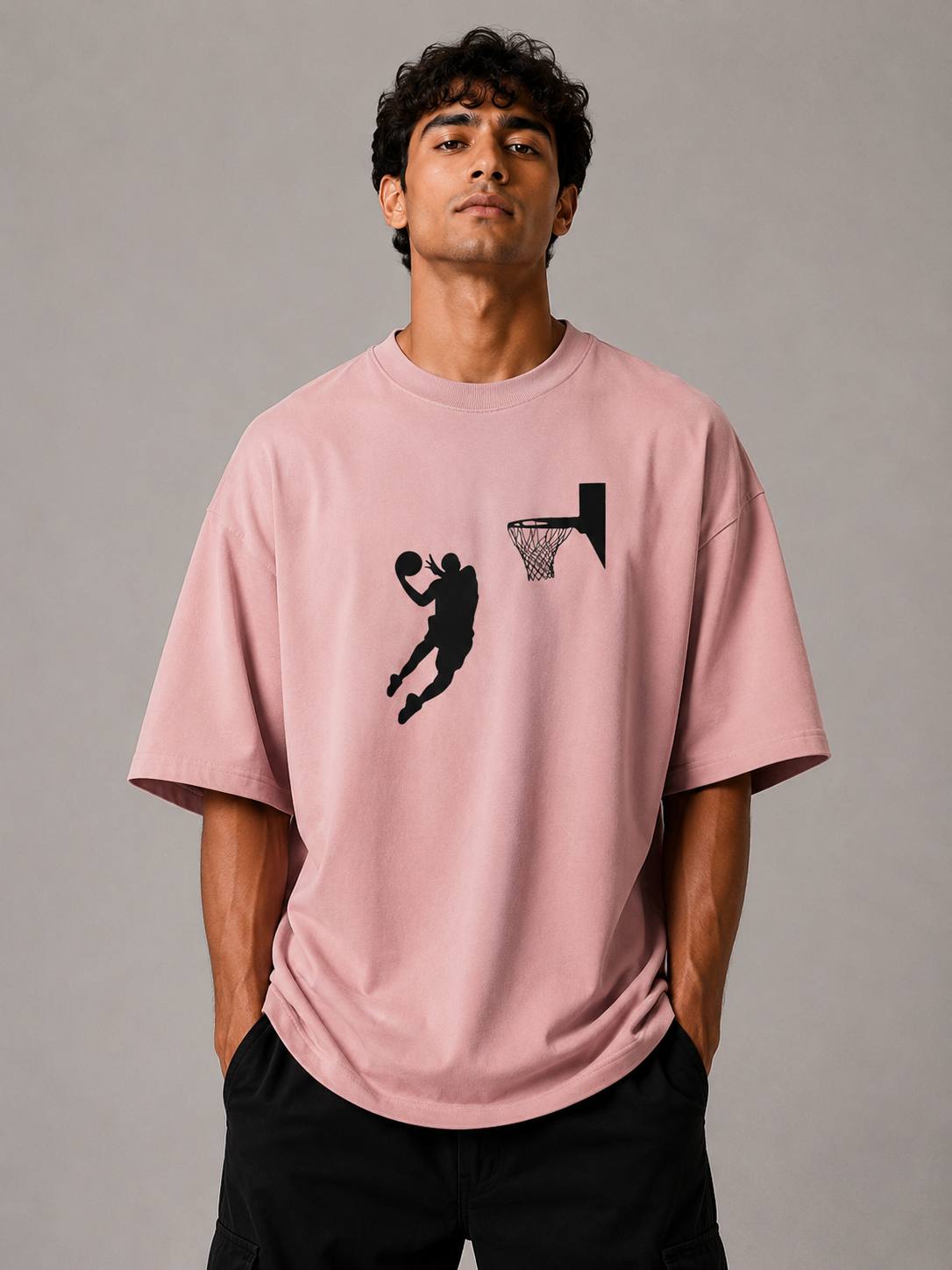 Zellee Men's Oversized Beige Tee with Embroidered Basketball