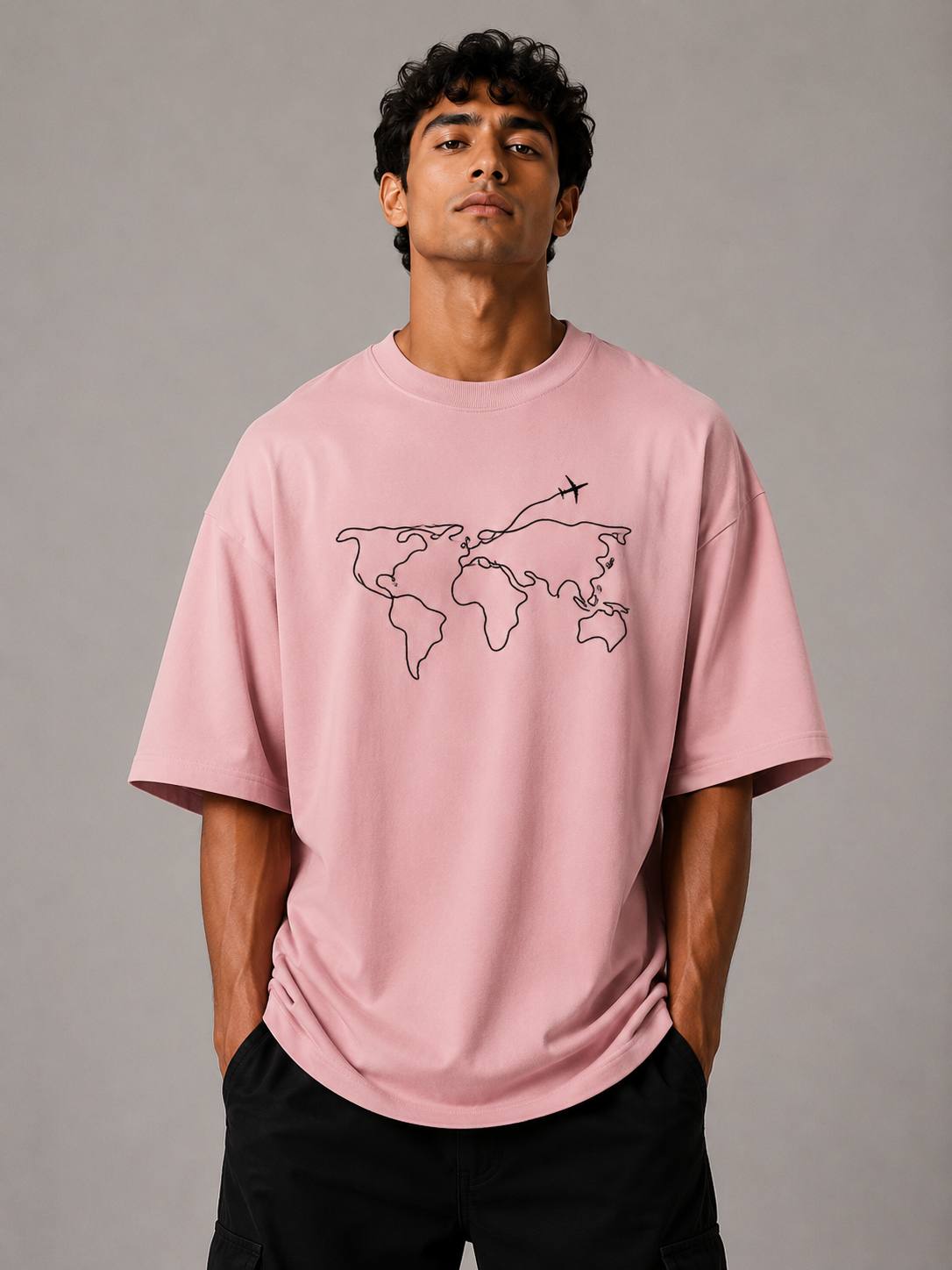 Zellee Men's Oversized T-Shirt with Embroidered World Map